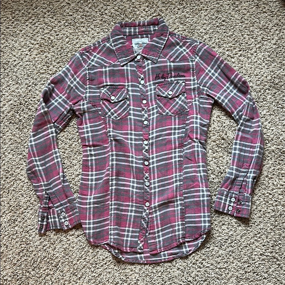 Harley-Davidson Pink and Gray Plaid Button Down Shirt